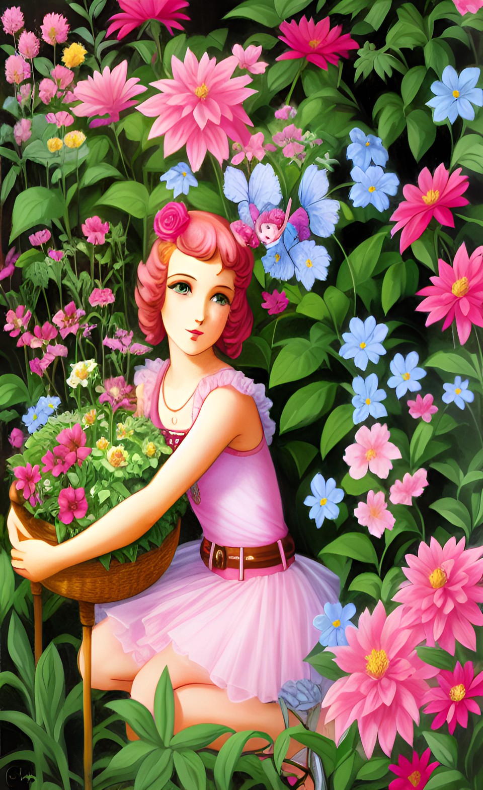 pink fairy among plants and flowers, art deco preview