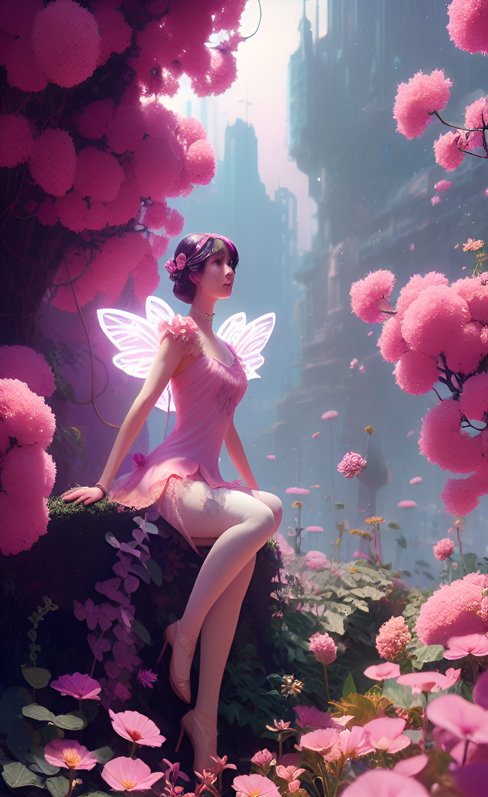 pink fairy among plants and flowers, art deco preview