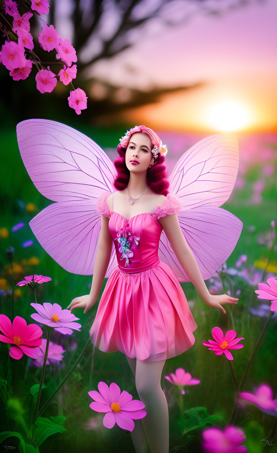 pink fairy among flowers, sunrise, art deco preview