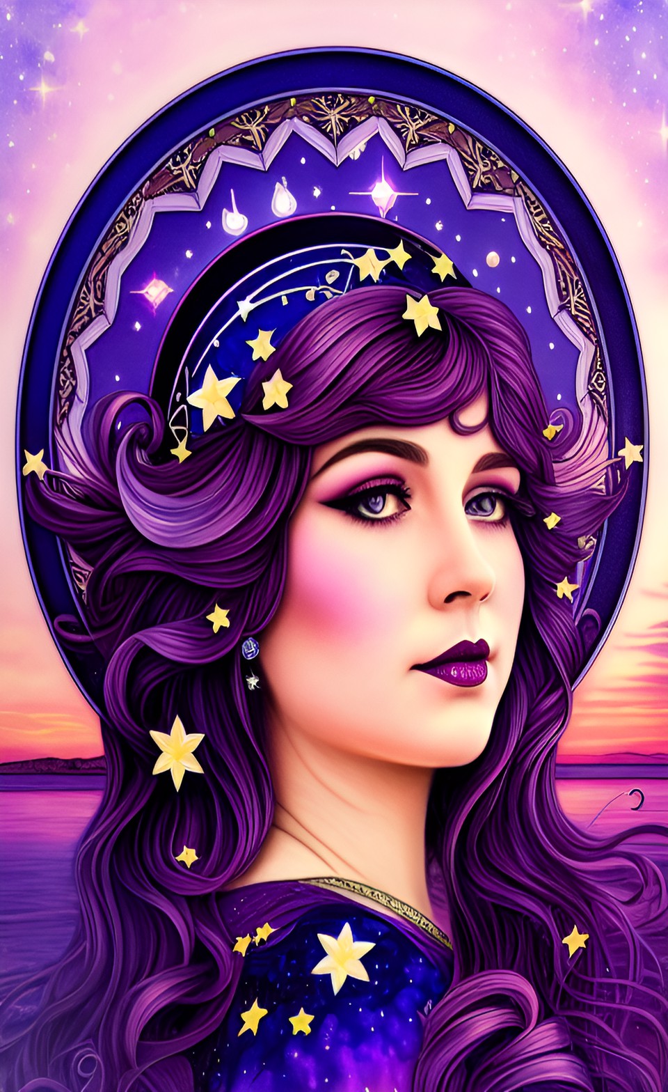 starlight princess, deep purple, sunset, stars, art nouveau preview