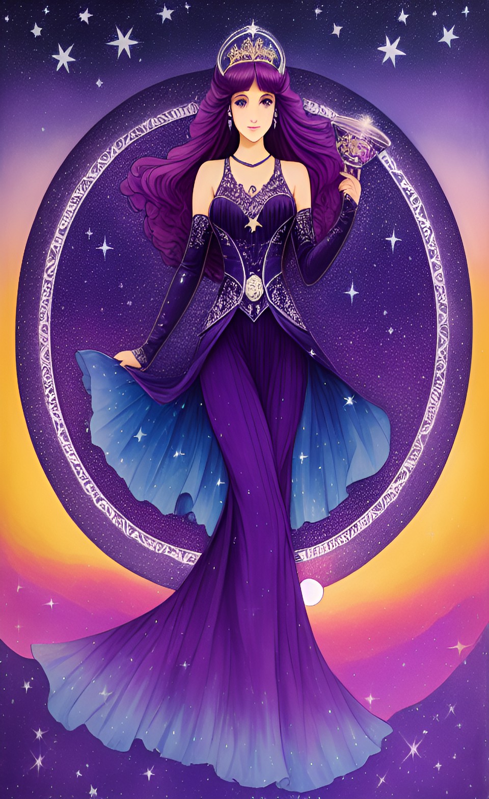 starlight princess, deep purple, sunset, stars, art nouveau preview