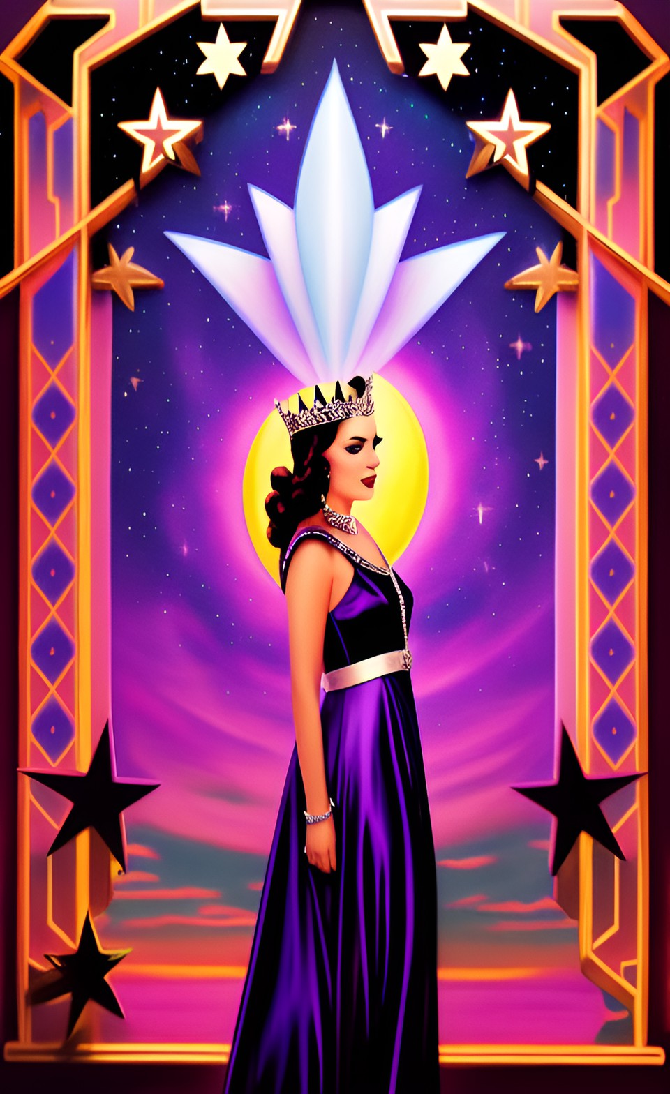 starlight princess, deep purple, sunset, stars, art deco preview