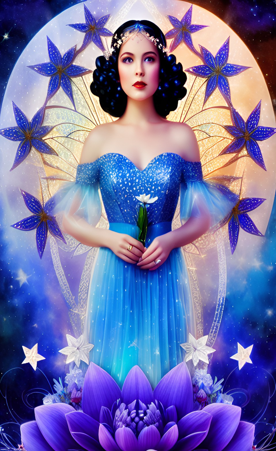 blue fairy among stars and flowers, art deco preview