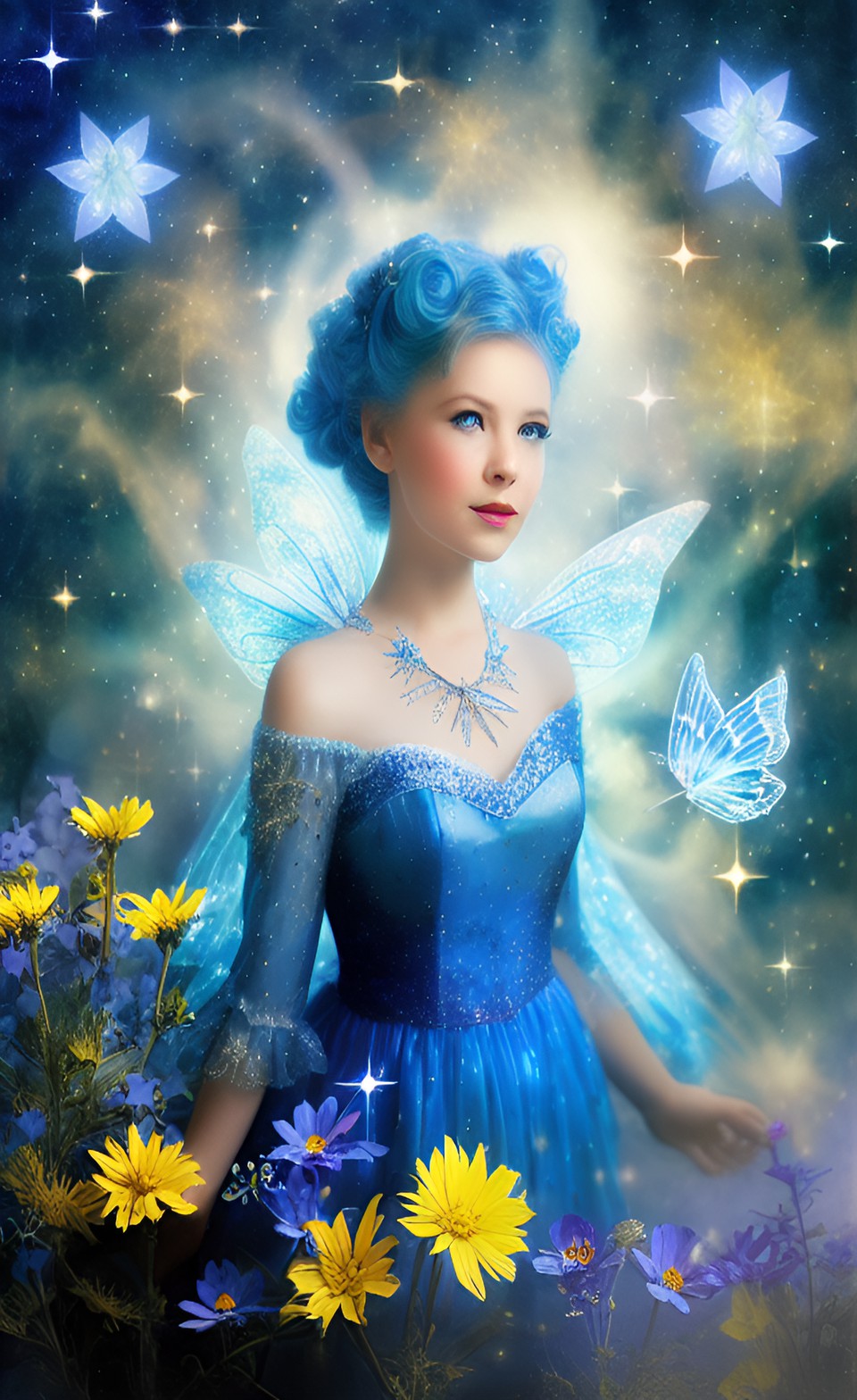 blue fairy among stars and flowers, surrealism preview