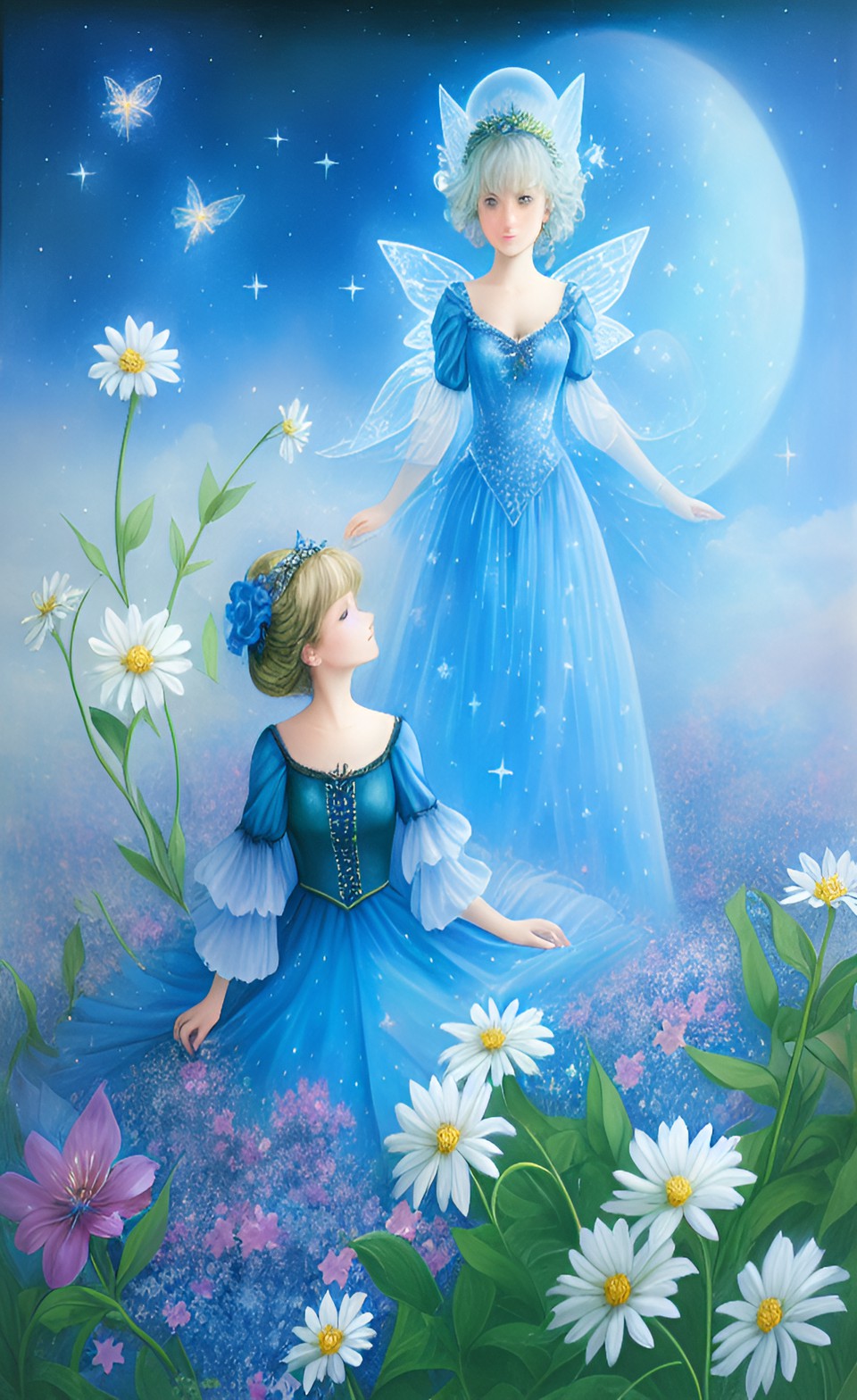 blue fairy among stars and flowers, surrealism preview