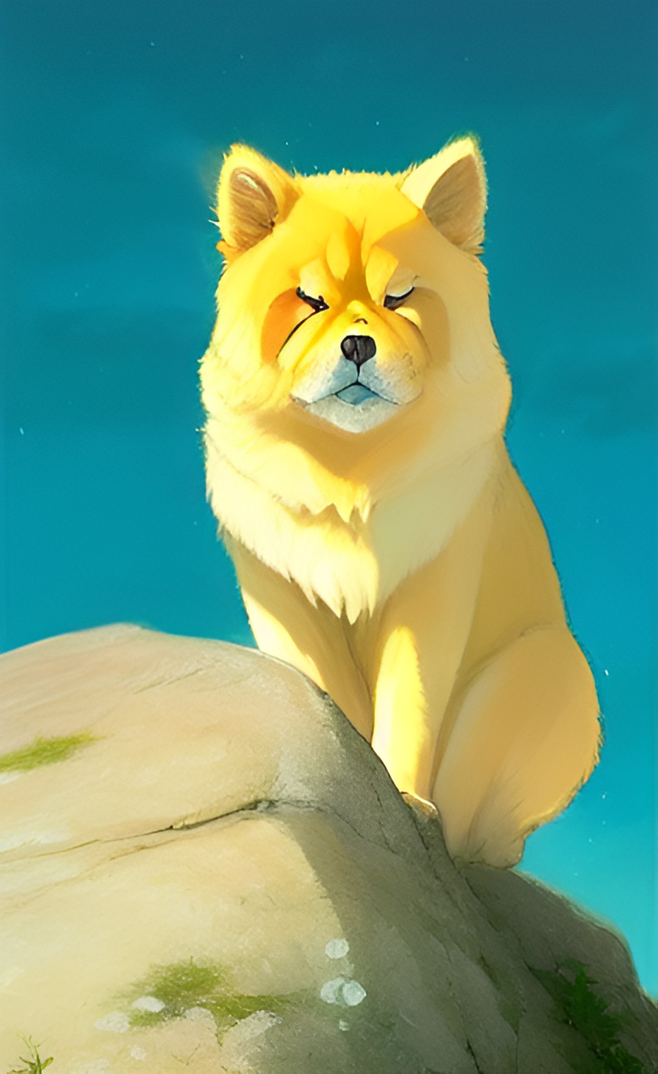 Cream Chow Chow Dog on Rock Anime Style - cream chow chow standing on a rock preview