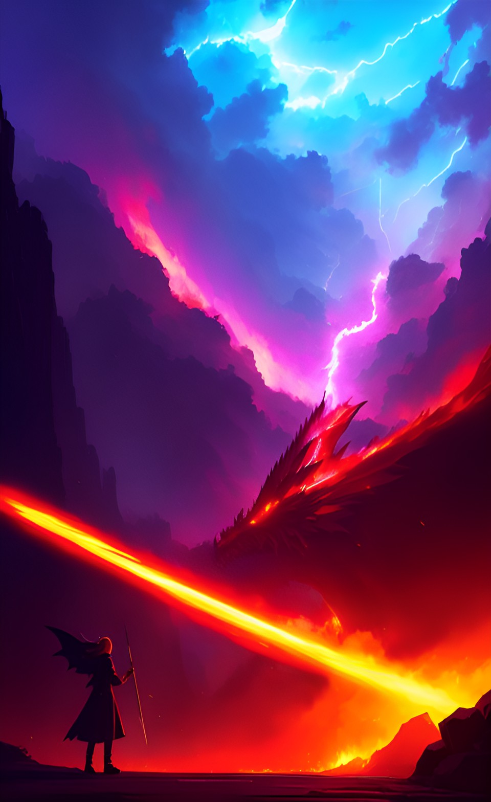 fire lightning destroyer dragon bleeding on the ground well to people out by it but talking with glowing magic swords preview