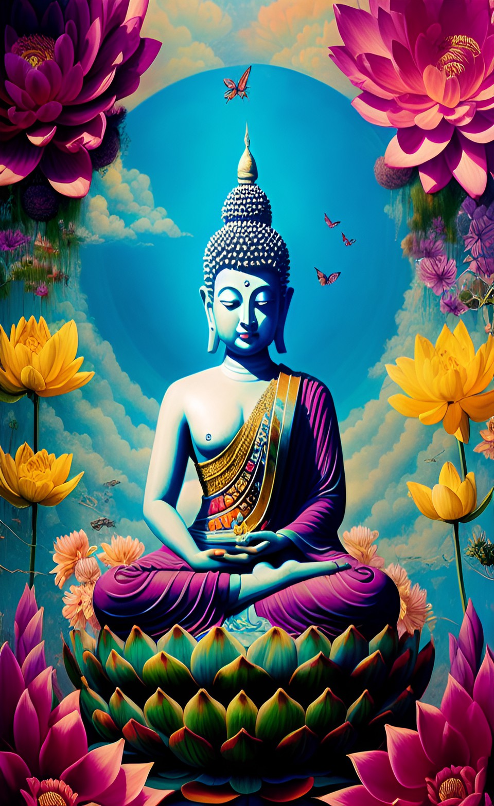 Stillness - buddha surrounded by floating lotus flowers and clouds preview