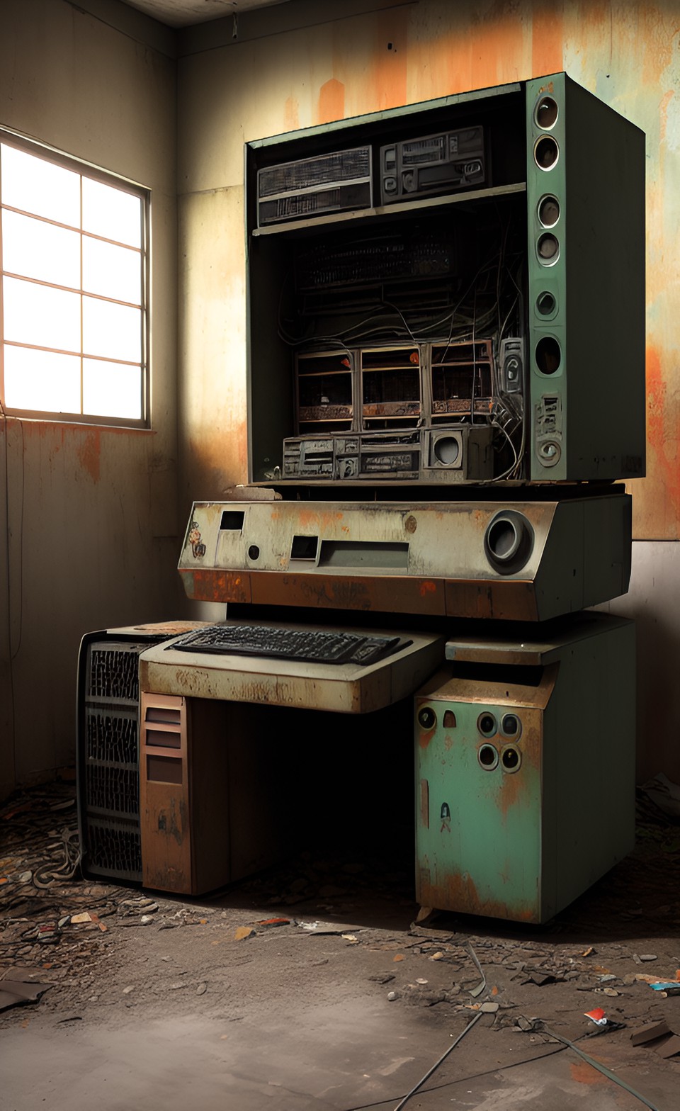 Vintage mainframe - rusty vintage mainframe computer in abandoned post-apocalyptic warehouse preview