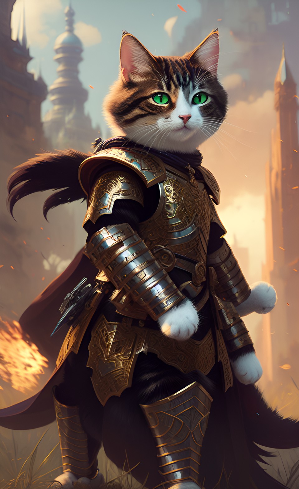 cute cat warrior wearing ornate battle armor preview