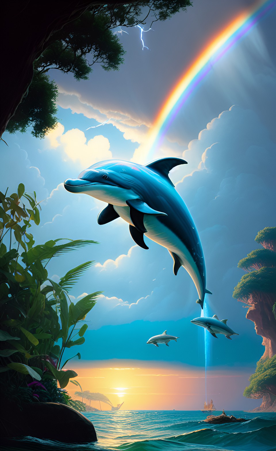 a bottlenose dolphin swimming by a tropical island junps out of the water. in the background of the picture is a rainbow and a storm and the sun is setting behind the island. preview