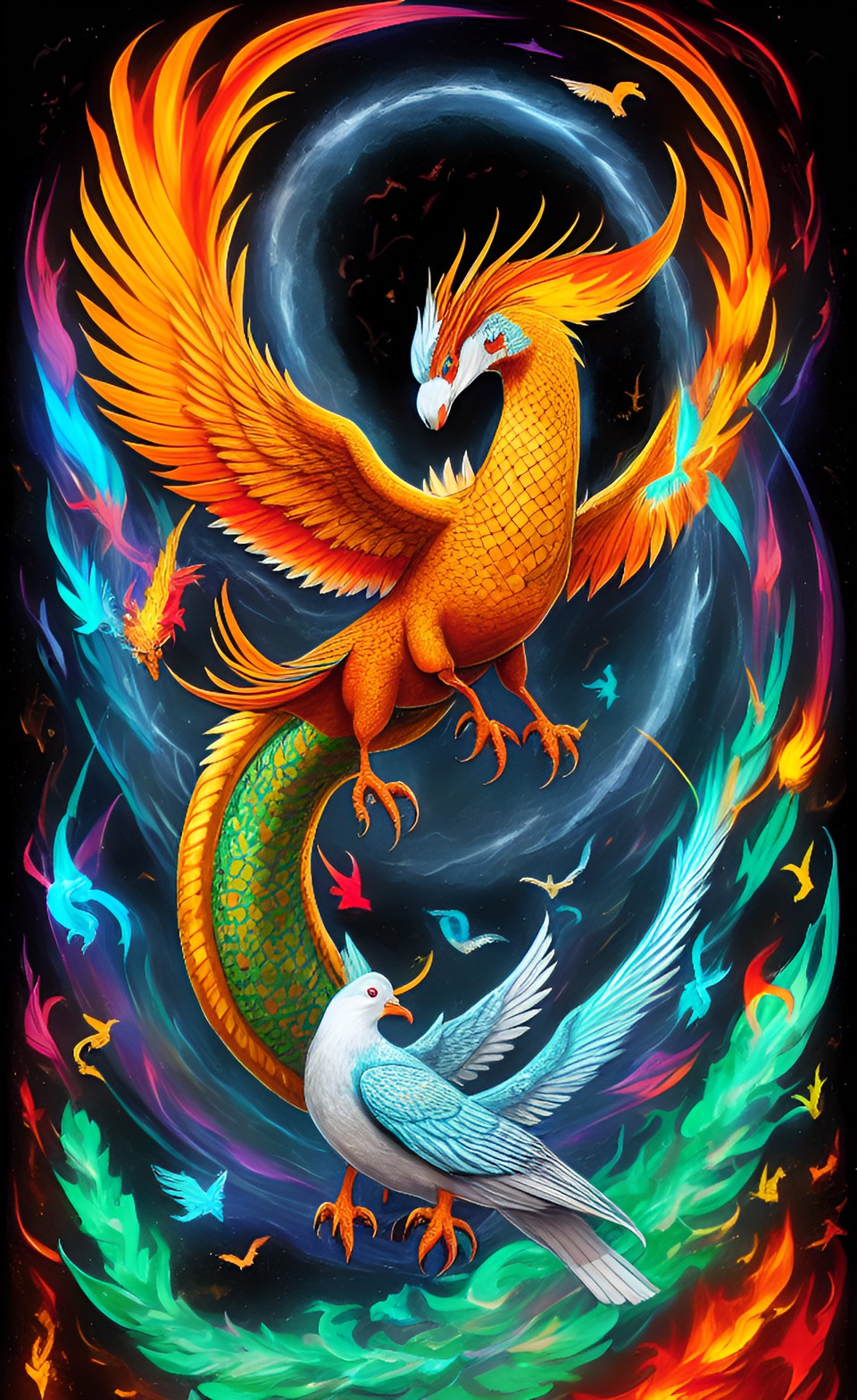 the holy spirit as a fiery dove-dinosaur-dragon, the rod of asclepius/caduceus, moses's staff, the cross preview