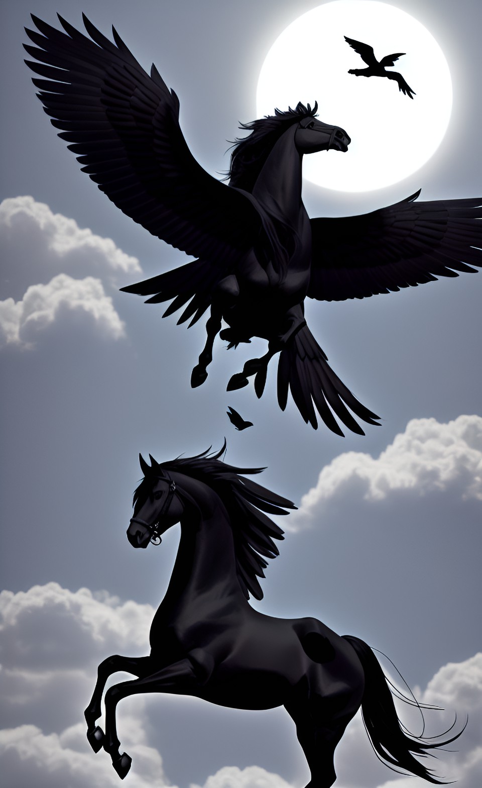 darkness at high noon,a single black pegasus, a single dark winged flying horse blocks out the noon sun, like an eclipse, mourning for jesus preview