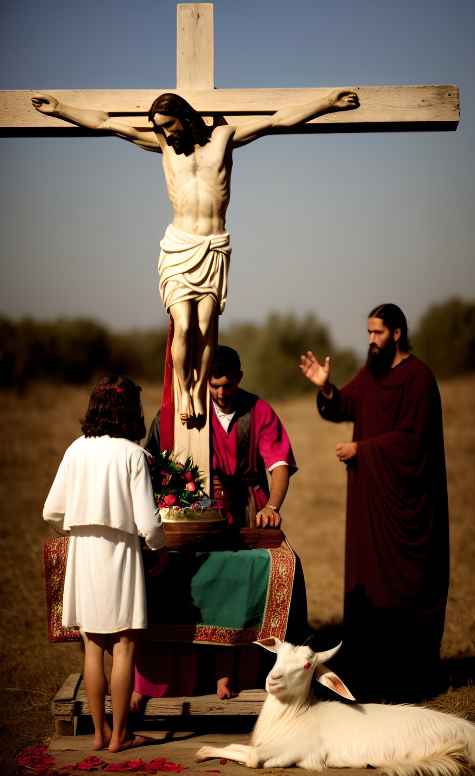 jesus is dead on the cross, a dead goat dies on the altar preview