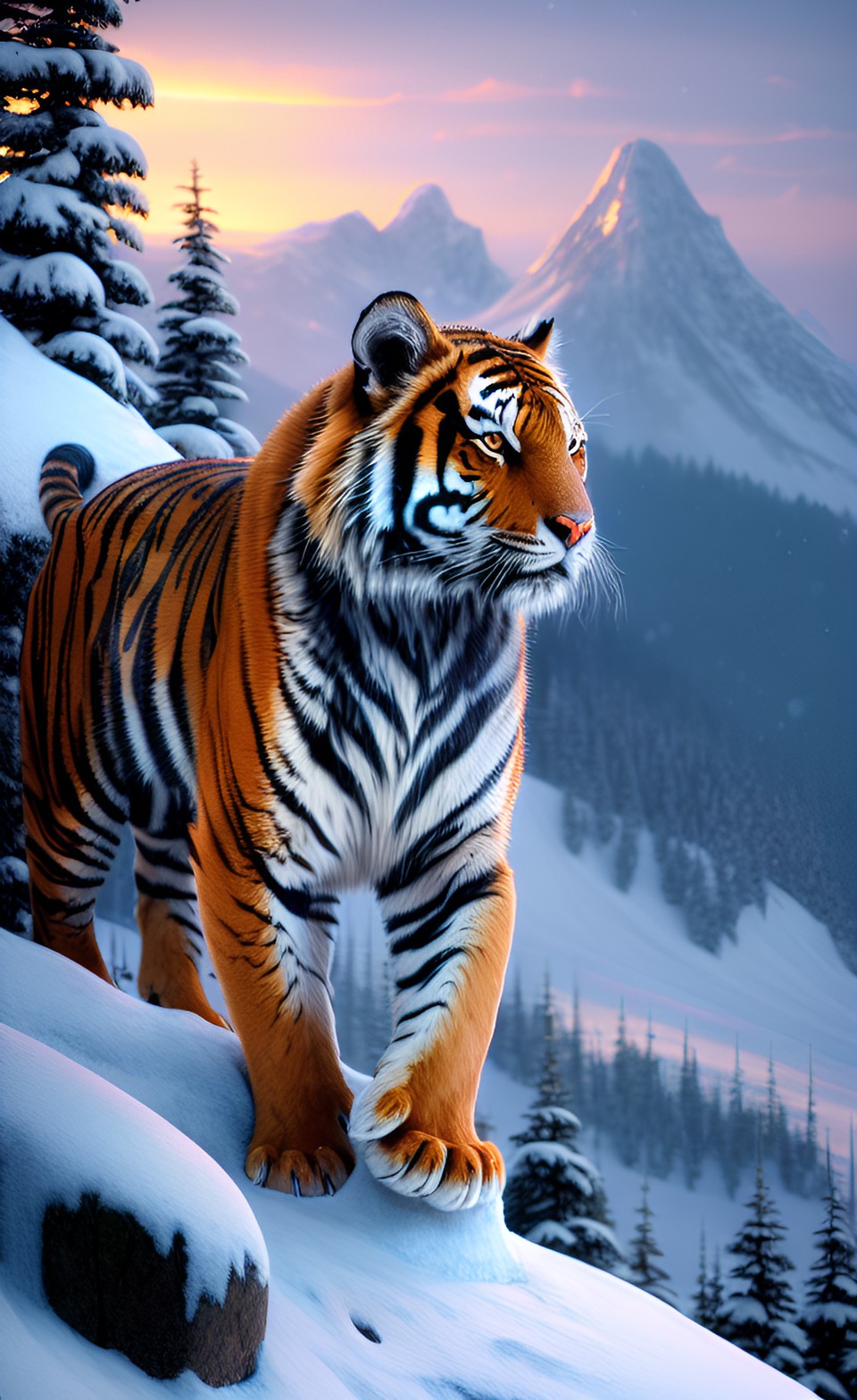 siberian tiger on the mountain ridge in the forest and snow preview