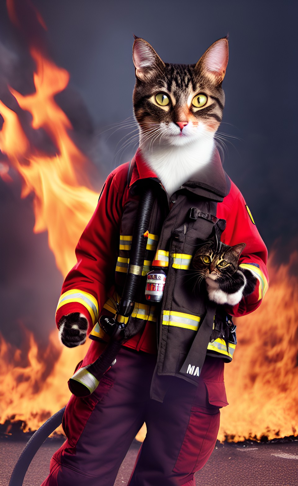 eine katze als feuerwehrmann eine katze als feuerwehrmann, die auf einem feuerwehrgerät kämpft. die katze ist scharf geschossen, aber dank ihrer kräfte kann sie das feuer ersticken. 4k, hdr, preview