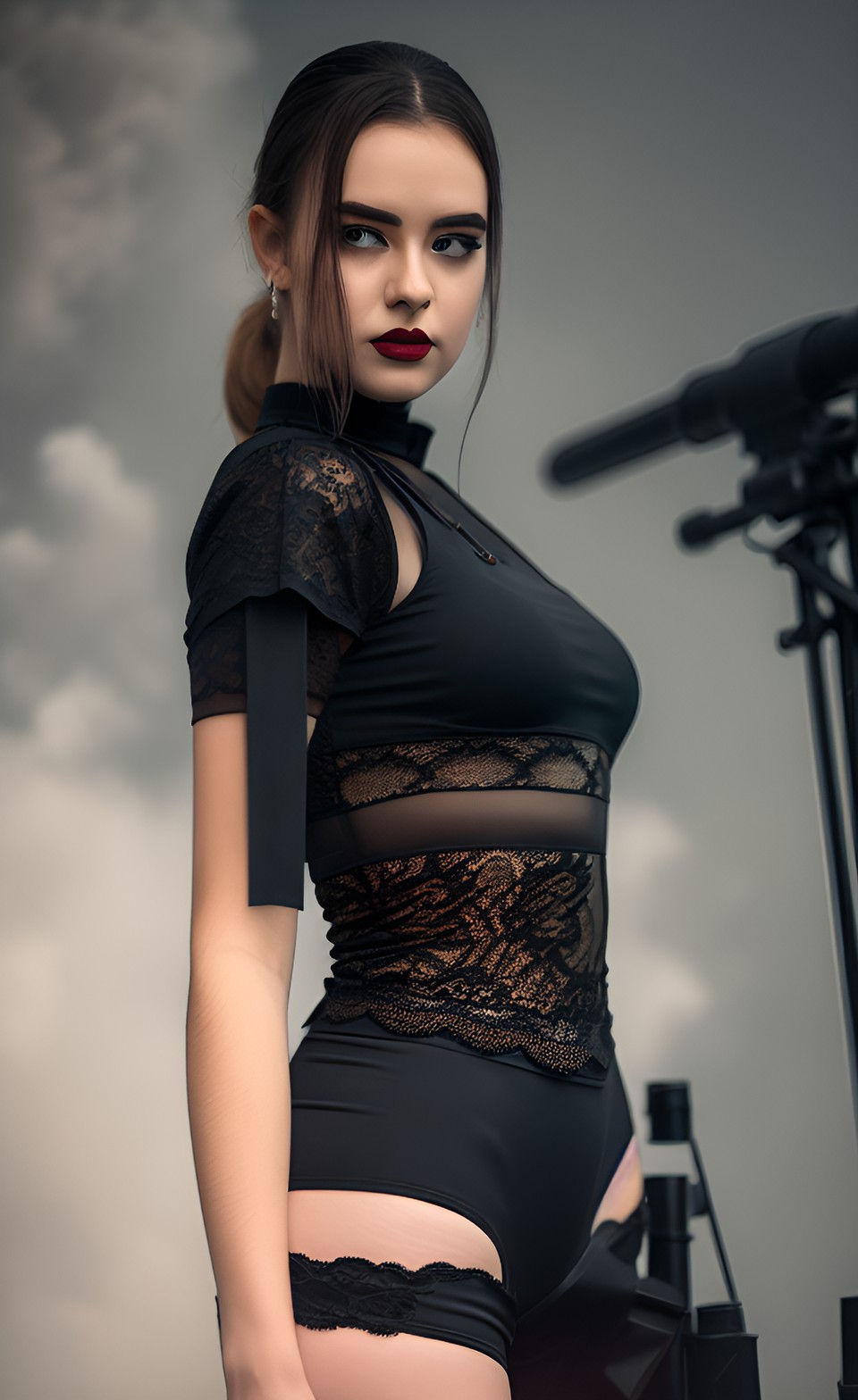 Maria - dark tech, high waisted, croptop, black lace, choker, gun, heavy fog, early morning light, rain preview