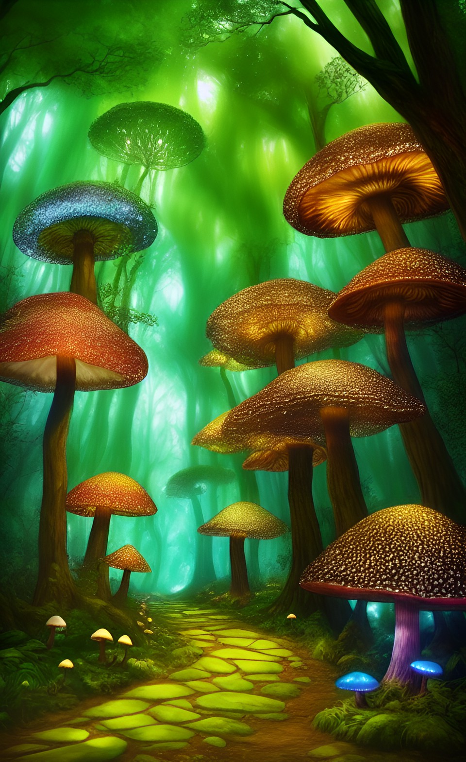 a mystical forest come to life, enchanted forest with ancient trees, glowing mushrooms, fairies, warm earthy colors like green and brown create a sense of wonder and magic preview