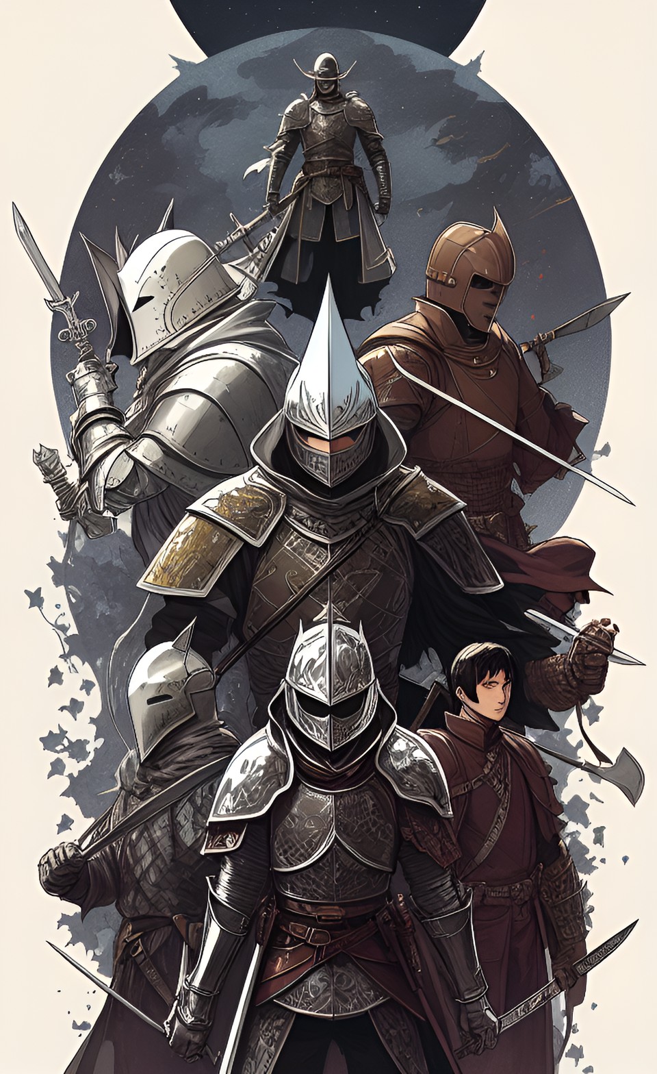 The Order of Coffee - a dark brown knight, a white knight, a light brown knight and a silver knight with a spoon cross swords preview