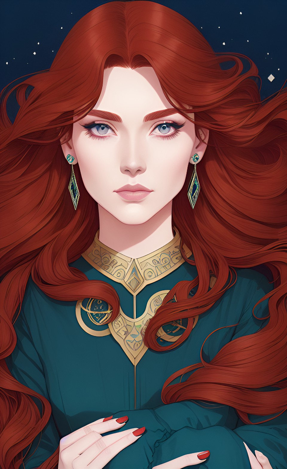 long auburn hair and piercing eyes. she carries herself with grace and poise, exuding a quiet confidence. her angular features are striking, with sharp cheekbones and a defined jawline. preview