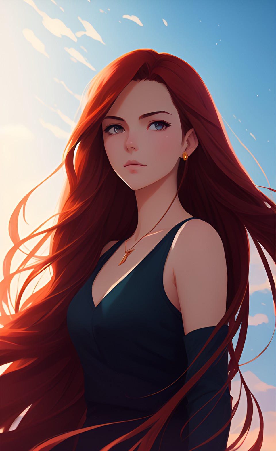 long auburn hair and piercing eyes. she carries herself with grace and poise, exuding a quiet confidence. her angular features are striking, with sharp cheekbones and a defined jawline. preview