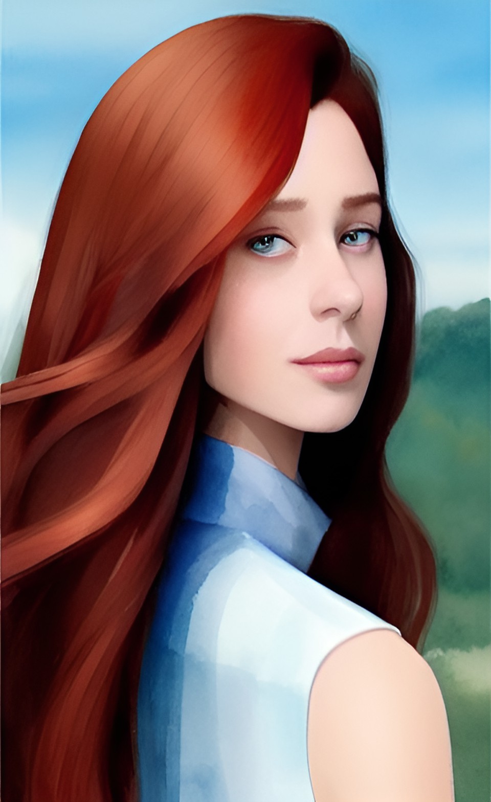 long auburn hair and piercing eyes. she carries herself with grace and poise, exuding a quiet confidence. her angular features are striking, with sharp cheekbones and a defined jawline. preview