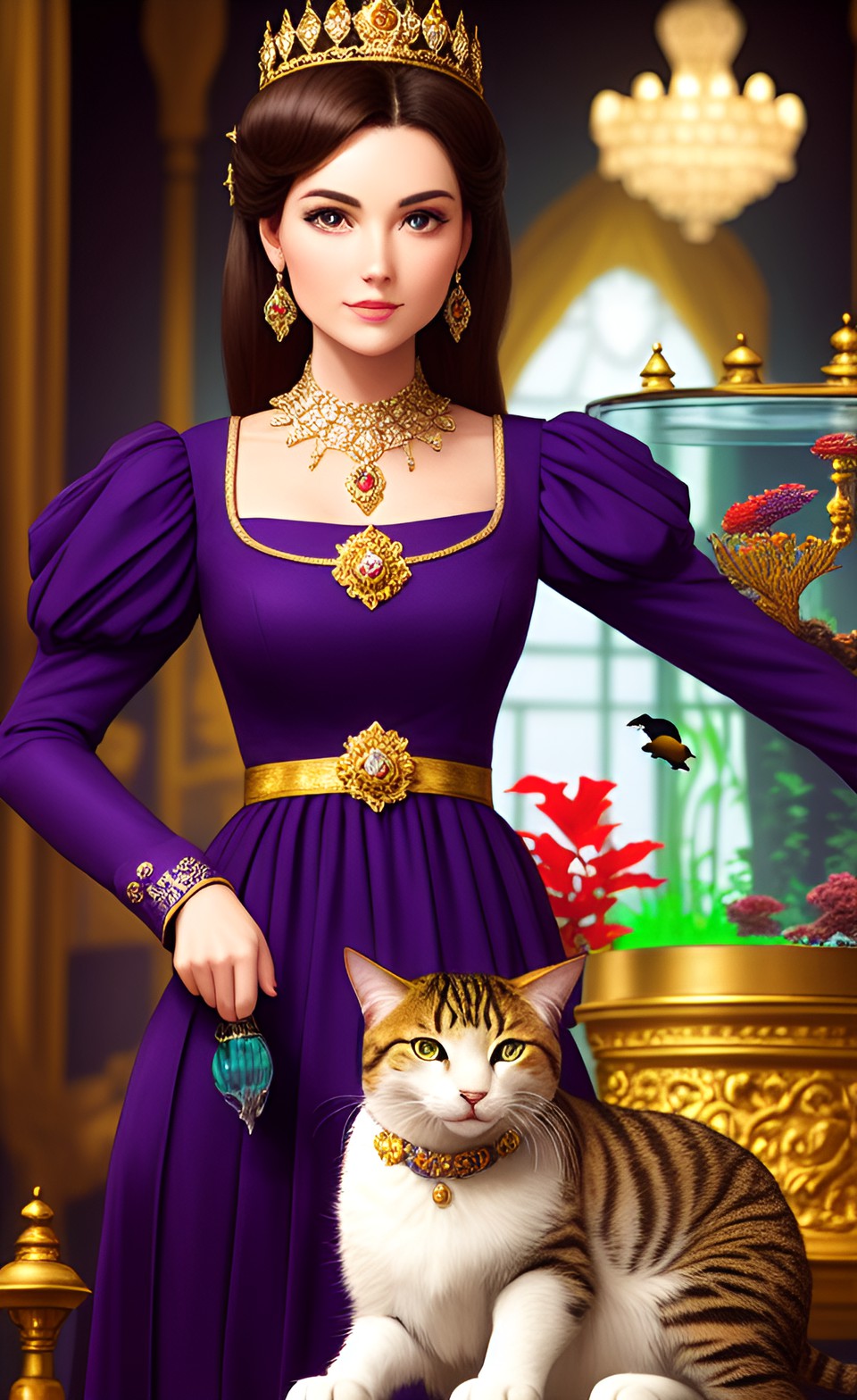 Royal Cat and Queen - royal woman with cat chandelier with aquarium preview