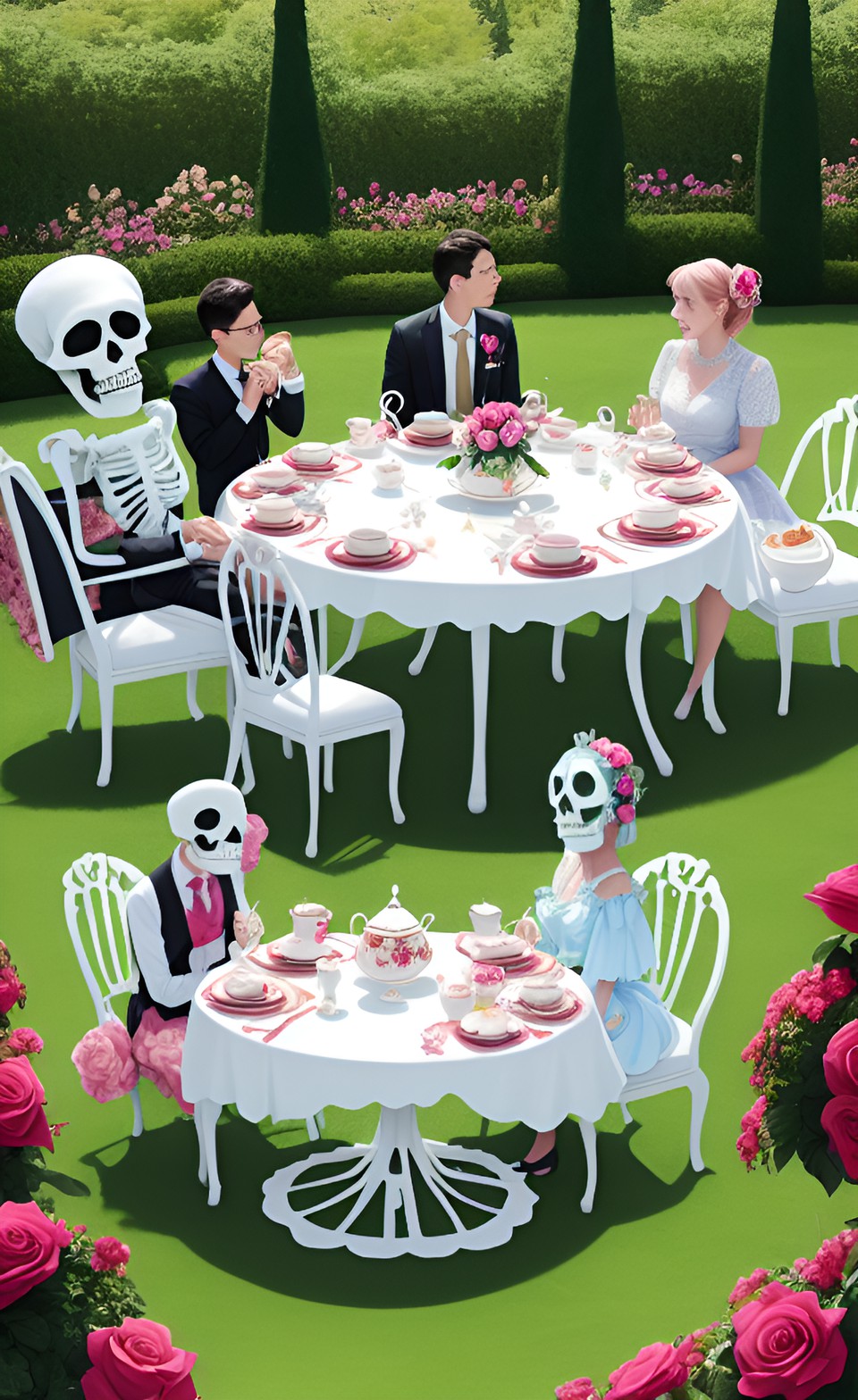 a formal tea party in a bright rose garden on a sunny day with tentacle creatures, monsters, demons, and skeletons preview