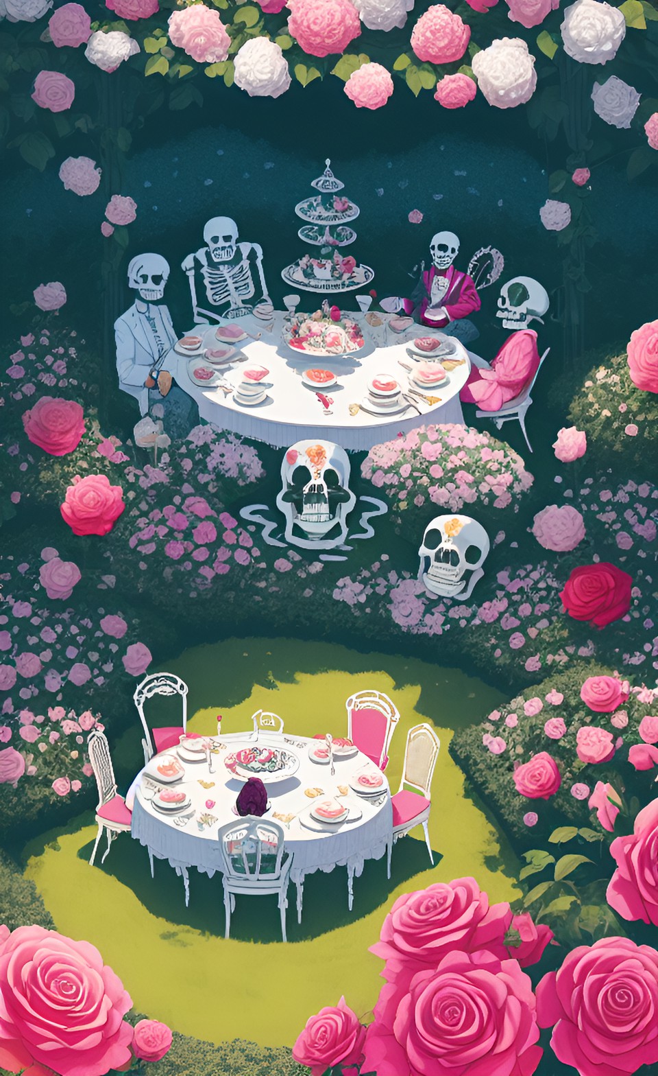 a formal tea party in a bright rose garden on a sunny day with tentacle creatures, monsters, demons, and skeletons preview