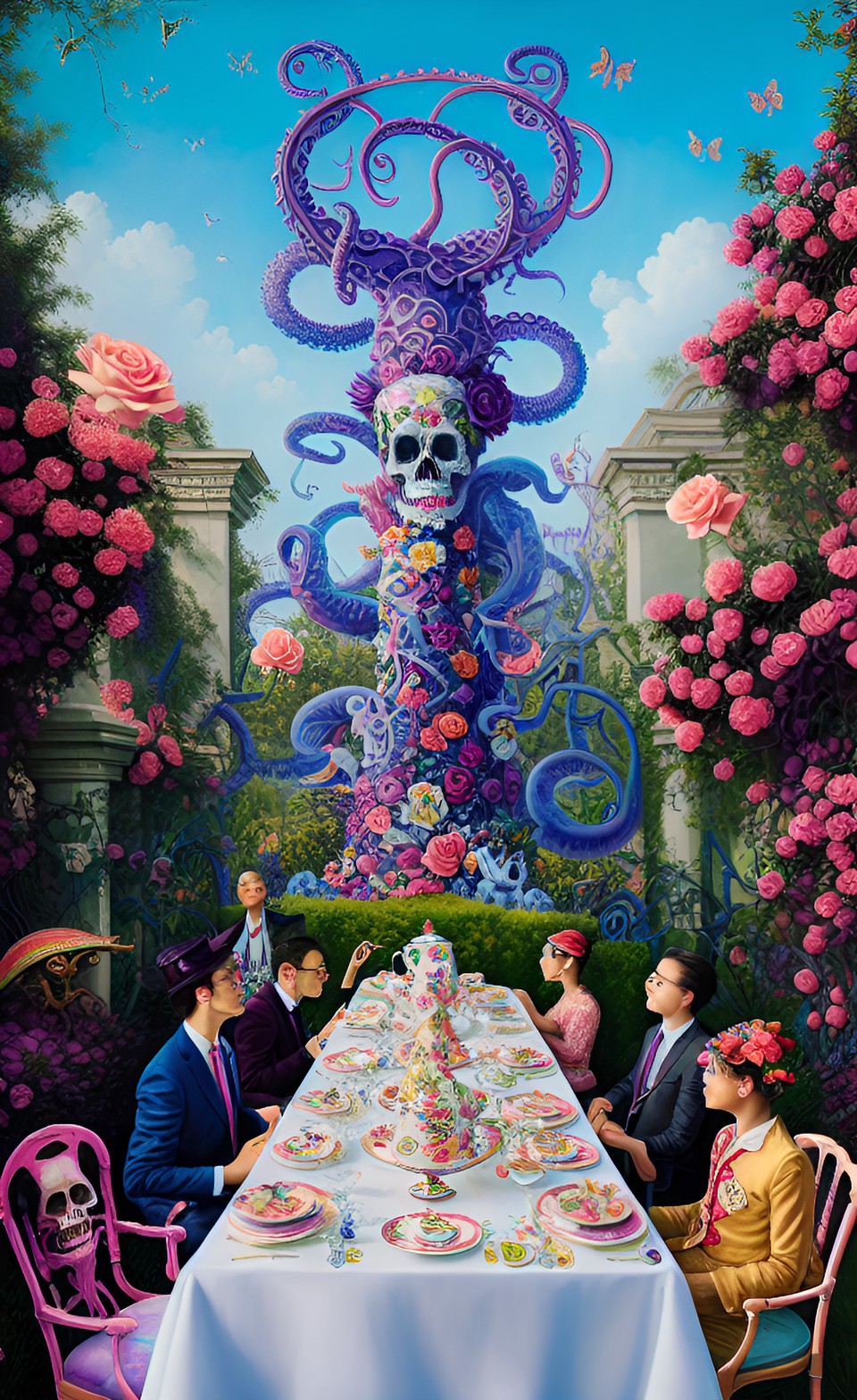 a formal tea party in a bright rose garden on a sunny day with tentacle creatures, monsters, demons, and skeletons preview