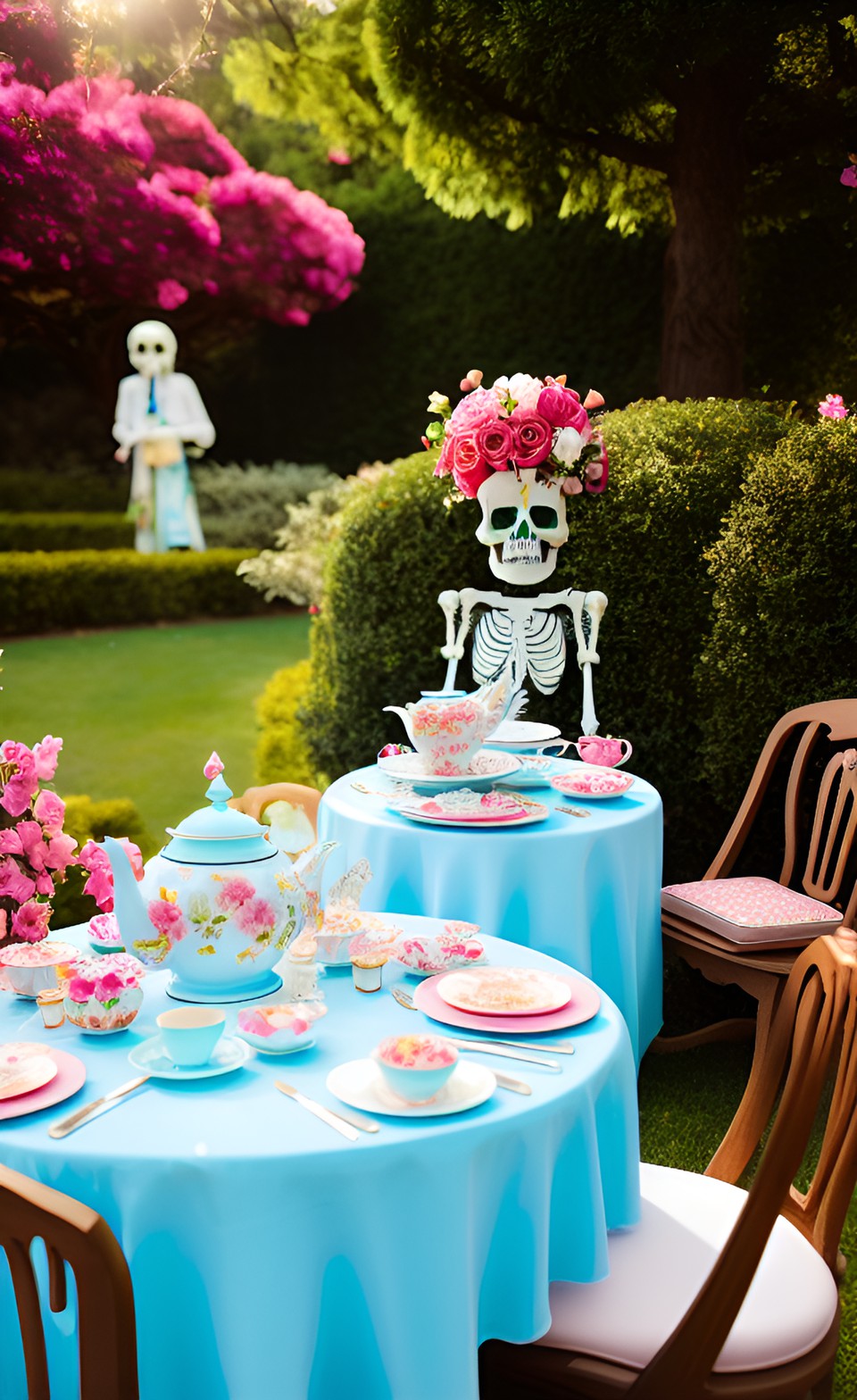 a formal tea party in a bright rose garden on a sunny day with tentacle creatures, monsters, demons, and skeletons preview