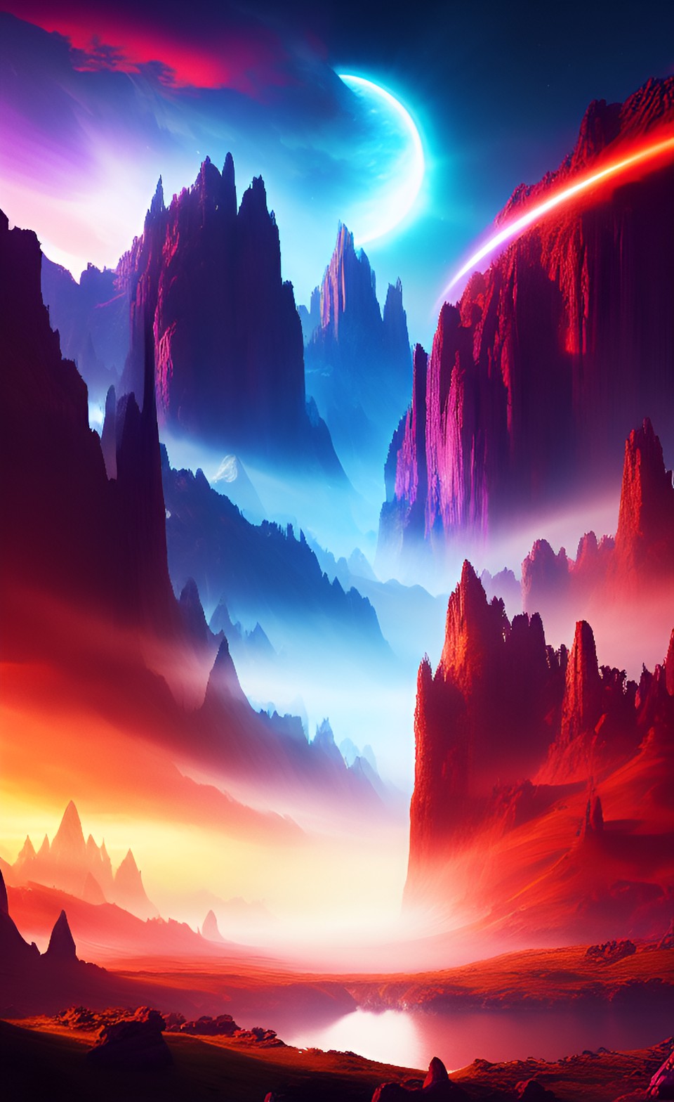 fantasy world, with two sun's, red and blue light, epic landscape preview