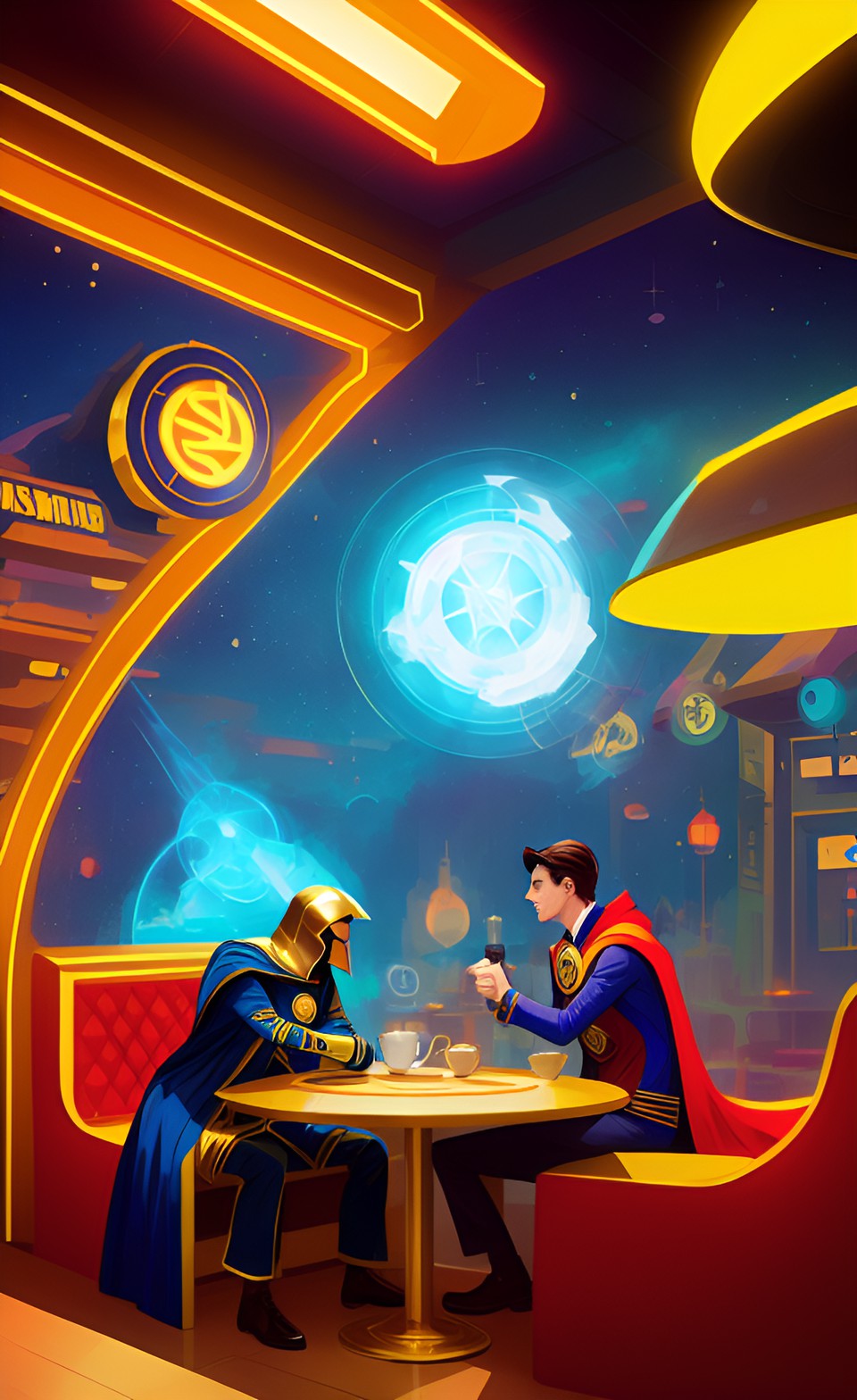 Magic Space Date - doctor fate wearing a golden helmet and doctor strange having a coffee date preview