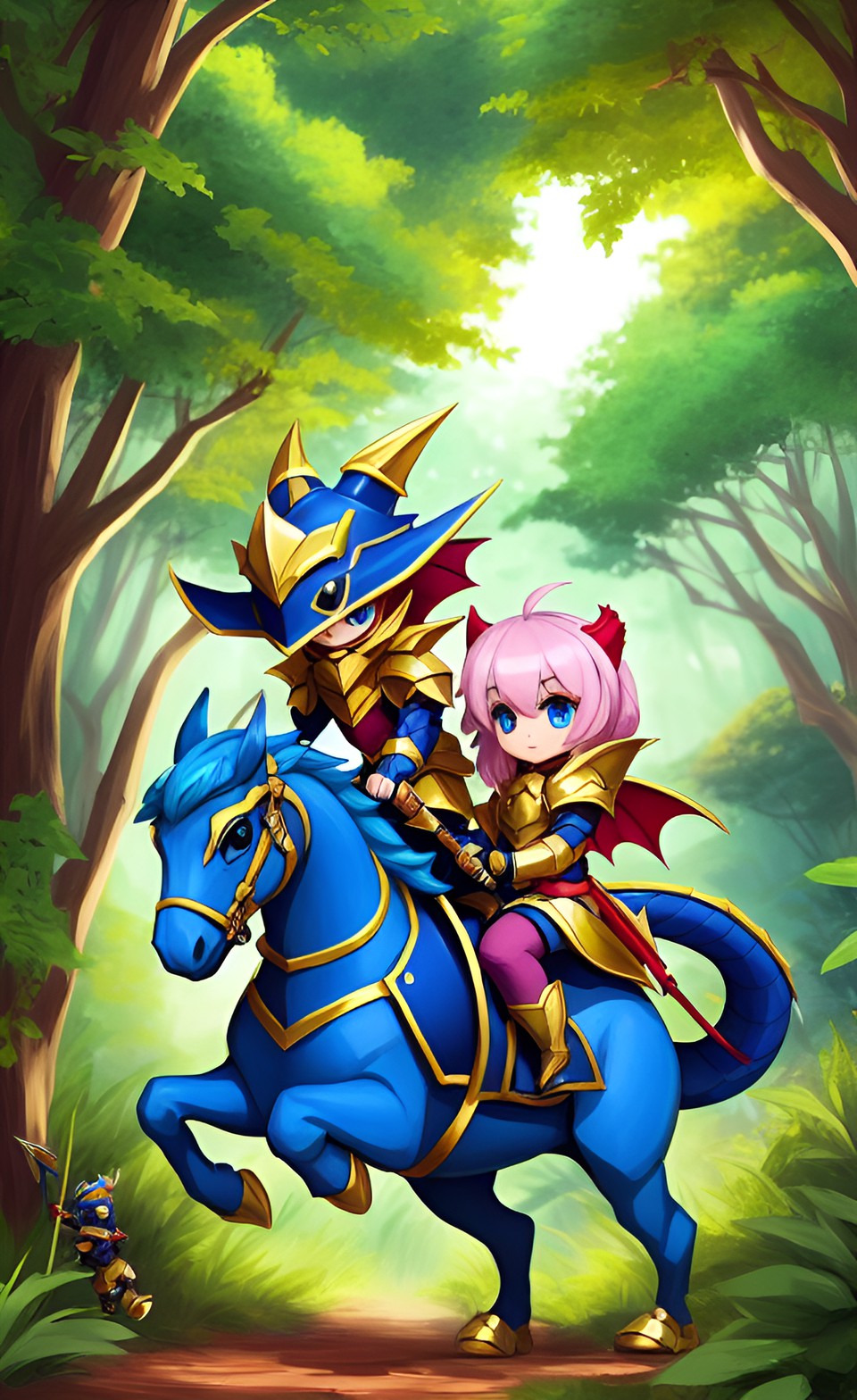 tiny little adorable dragon knight of diamond and gold running in a forest with a dragon knight of cool tracing it preview