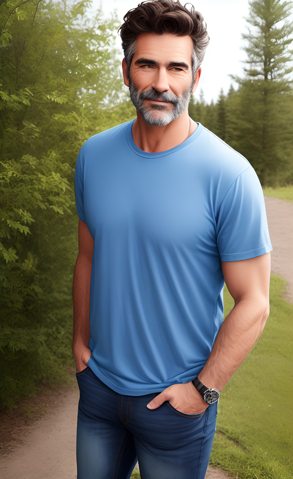 ruggedly handsome dad wearing jeans and a t-shirt. outdoorsy. preview