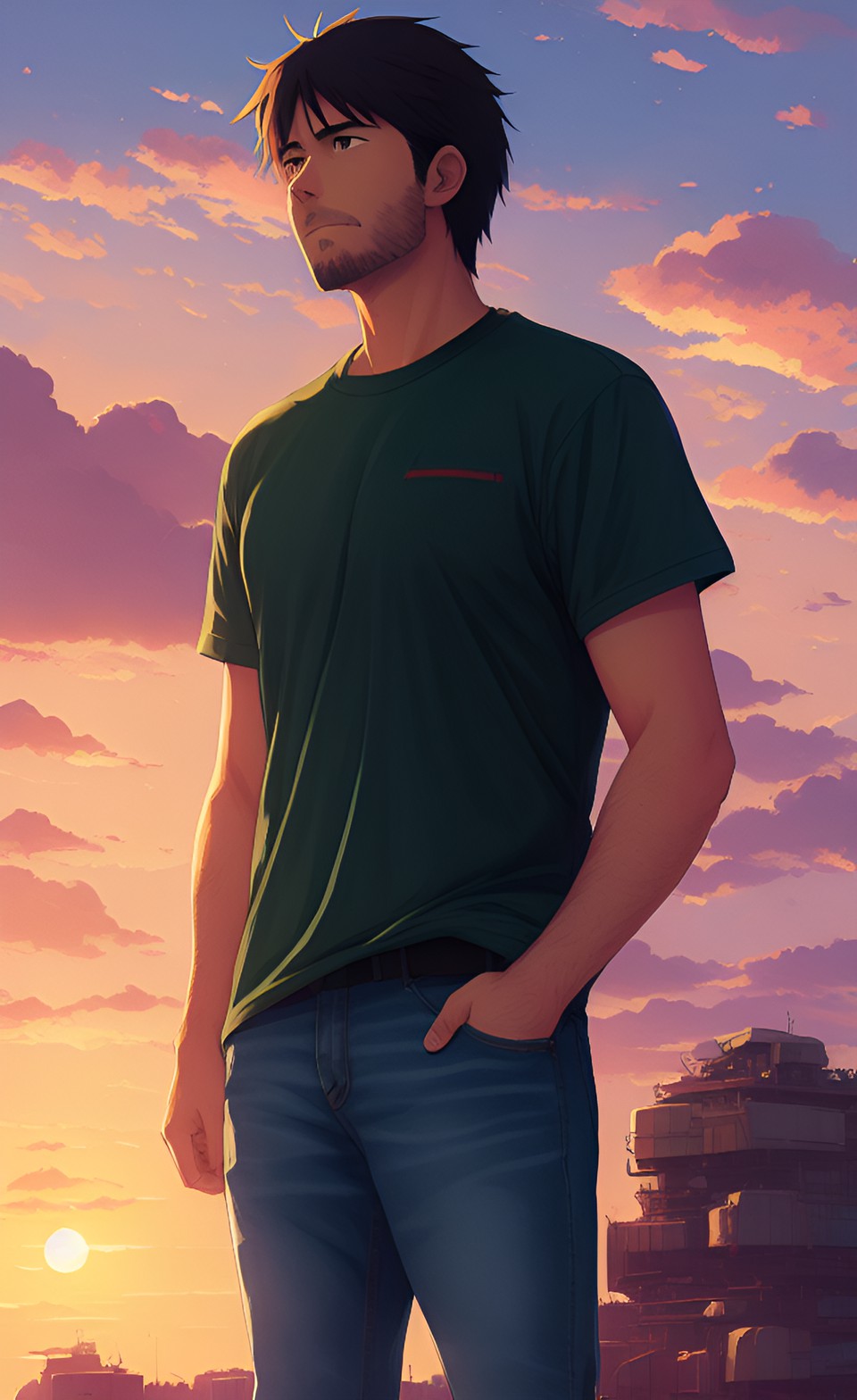 ruggedly handsome dad wearing jeans and a t-shirt. outdoorsy. preview