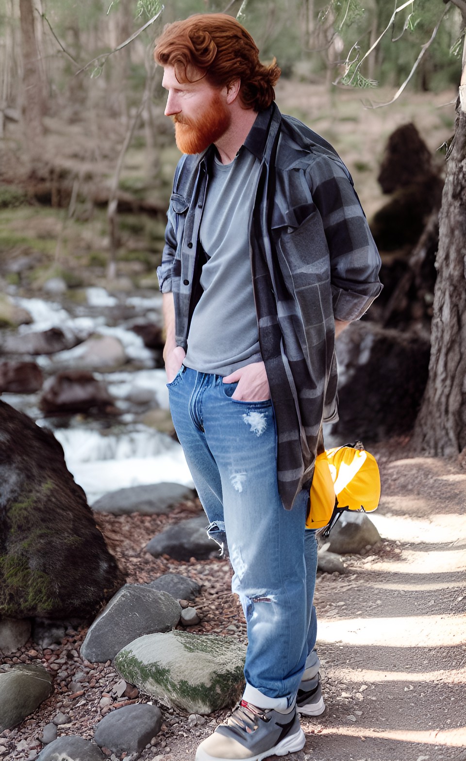 ruggedly handsome ginger dad wearing jeans and a t-shirt. outdoorsy. preview