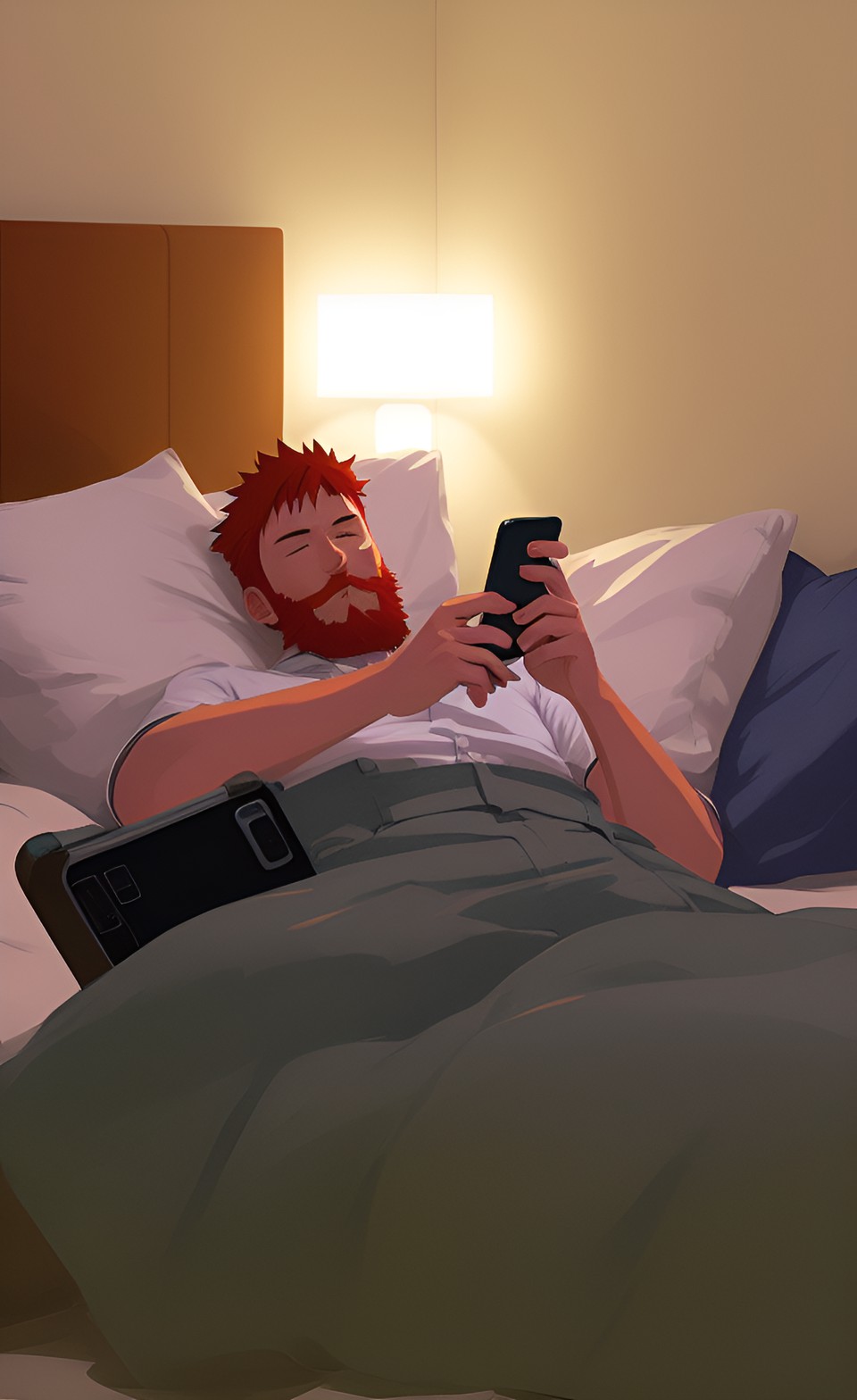 ginger man in bed checking his cellphone preview