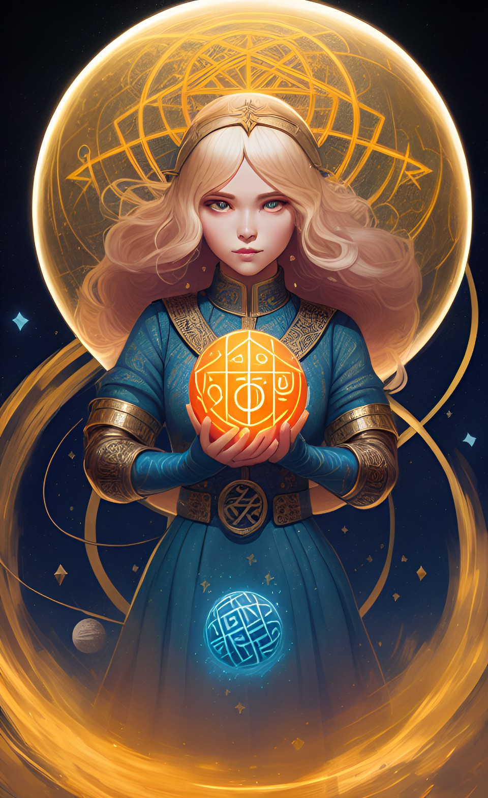 woman grabbing glowing sphere covered in runes, blonde, medieval preview