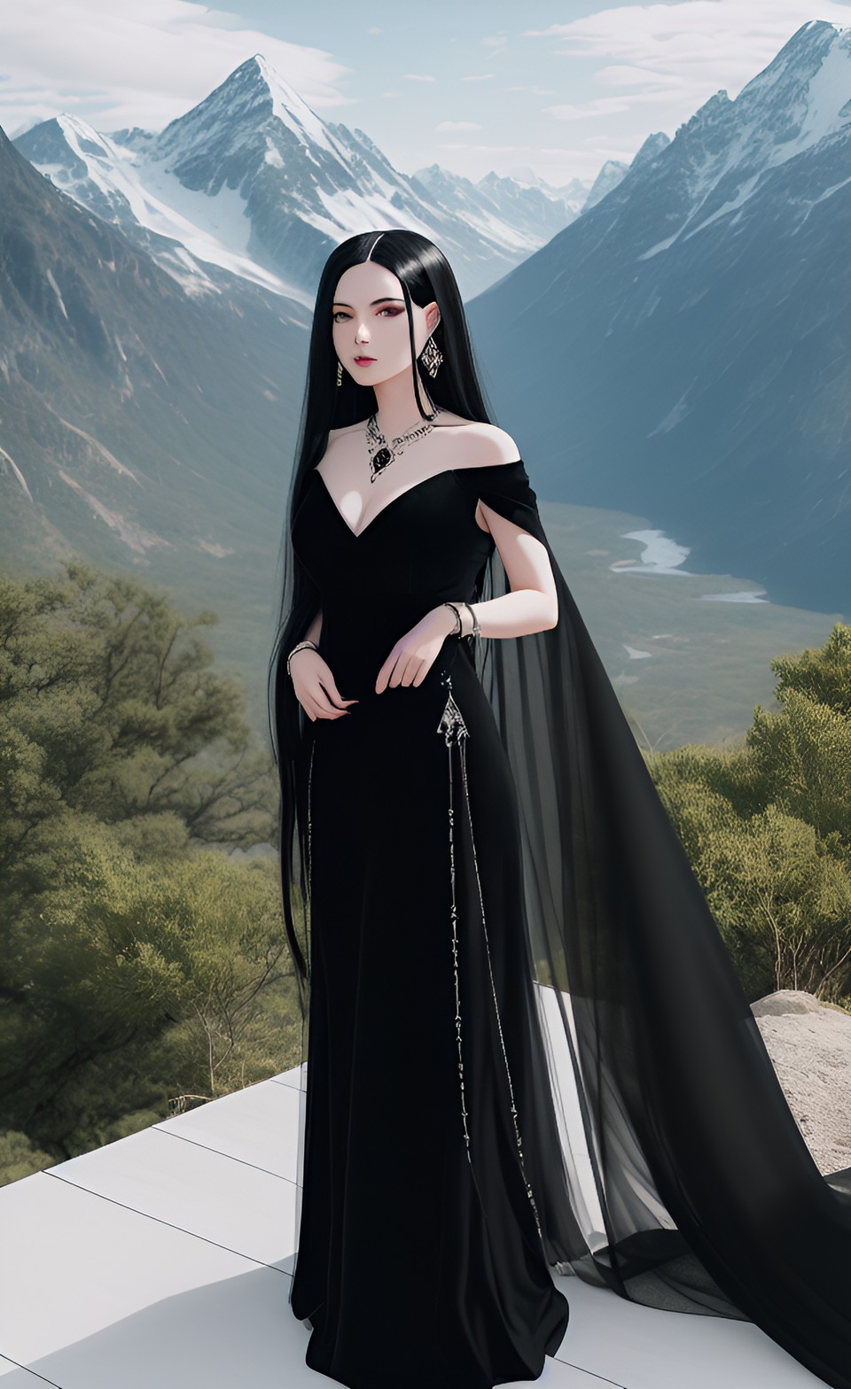 Dark goddess - pale goddess with long black hair, wearing deep black gown and silver jewelry, facing the viewer, next to the mountains preview