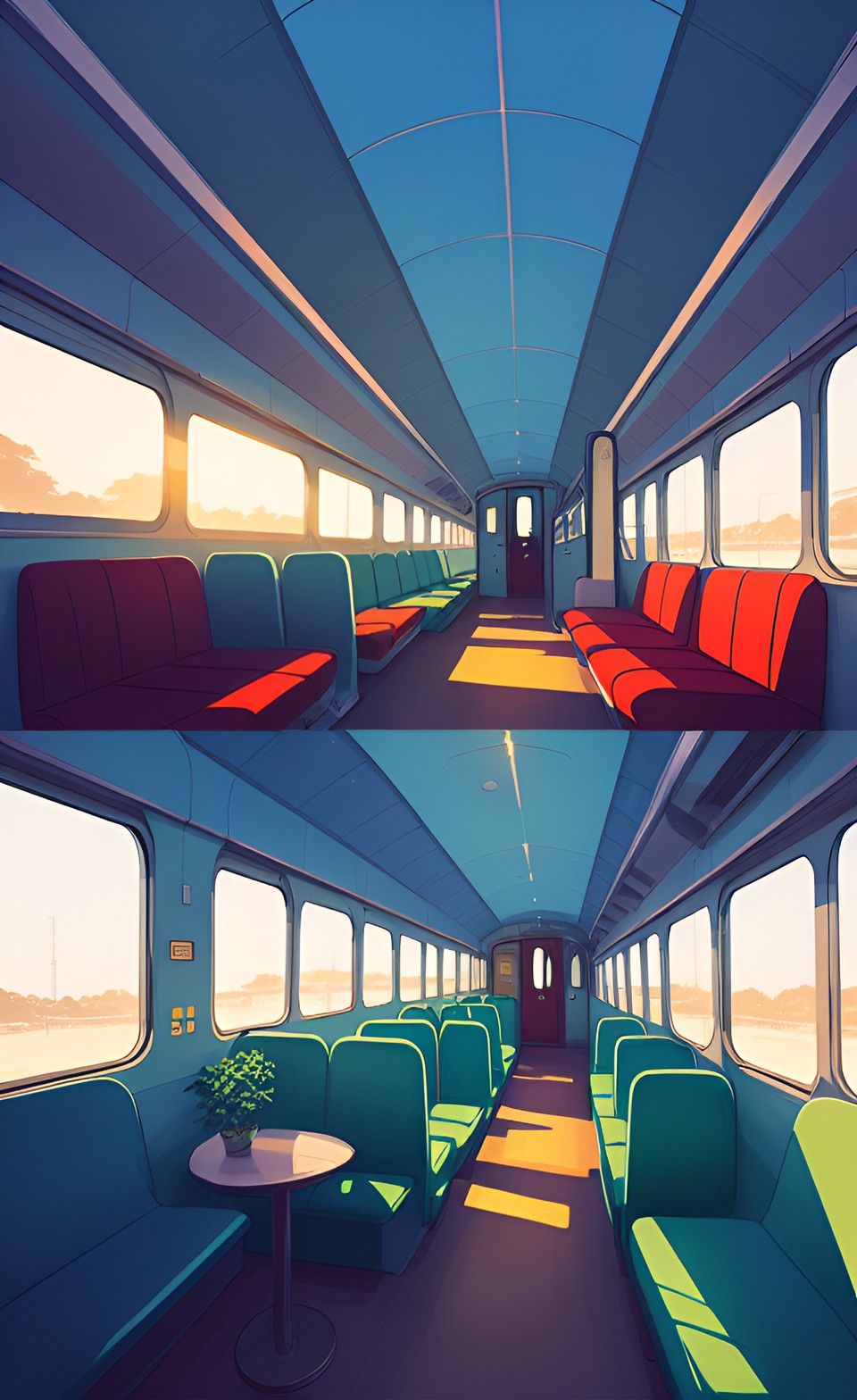 A setting of travel - inside a train cabin, traveling by the beach preview