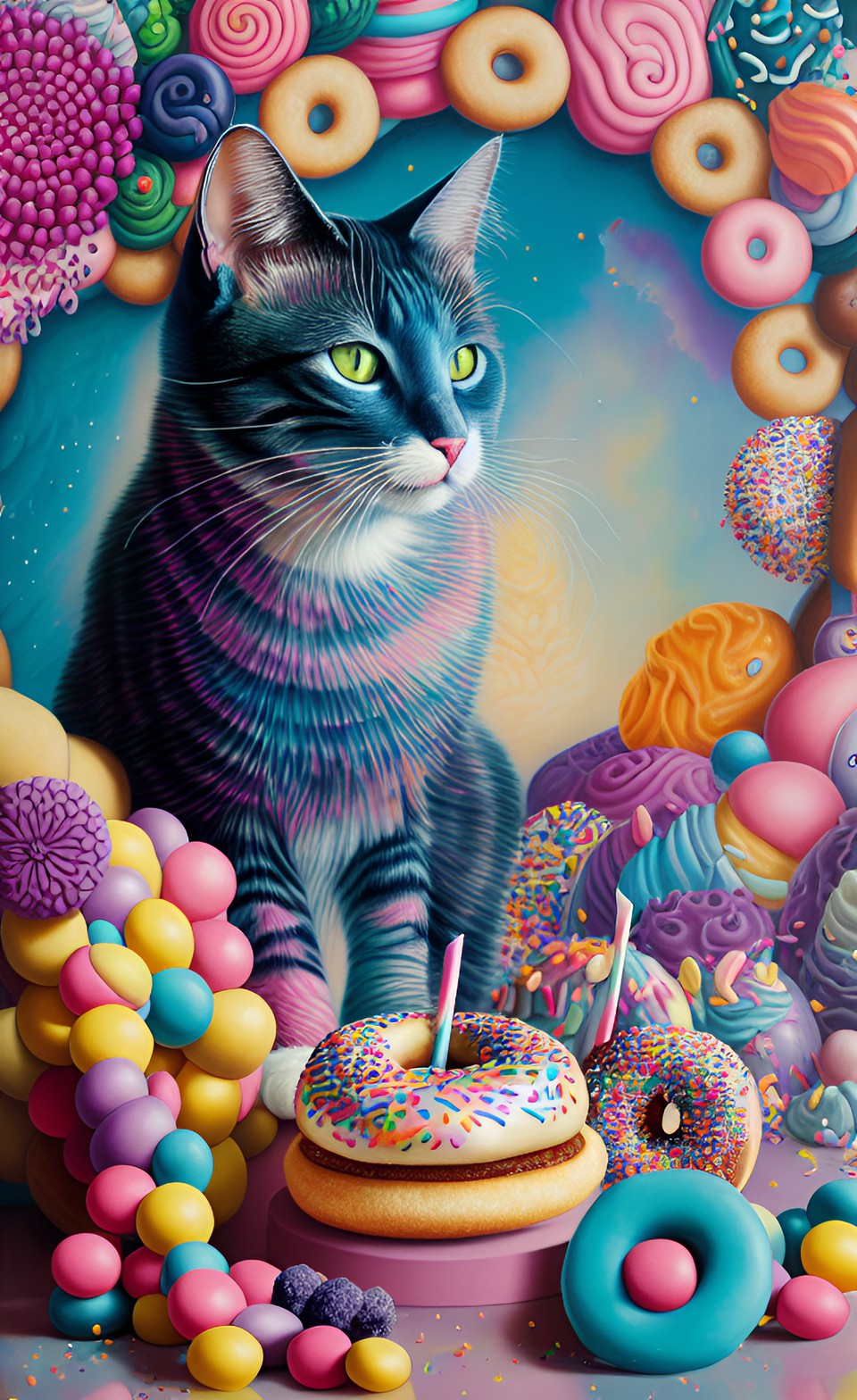 cat made of doughnut, pastel sprinkles, kawaii bakery background preview