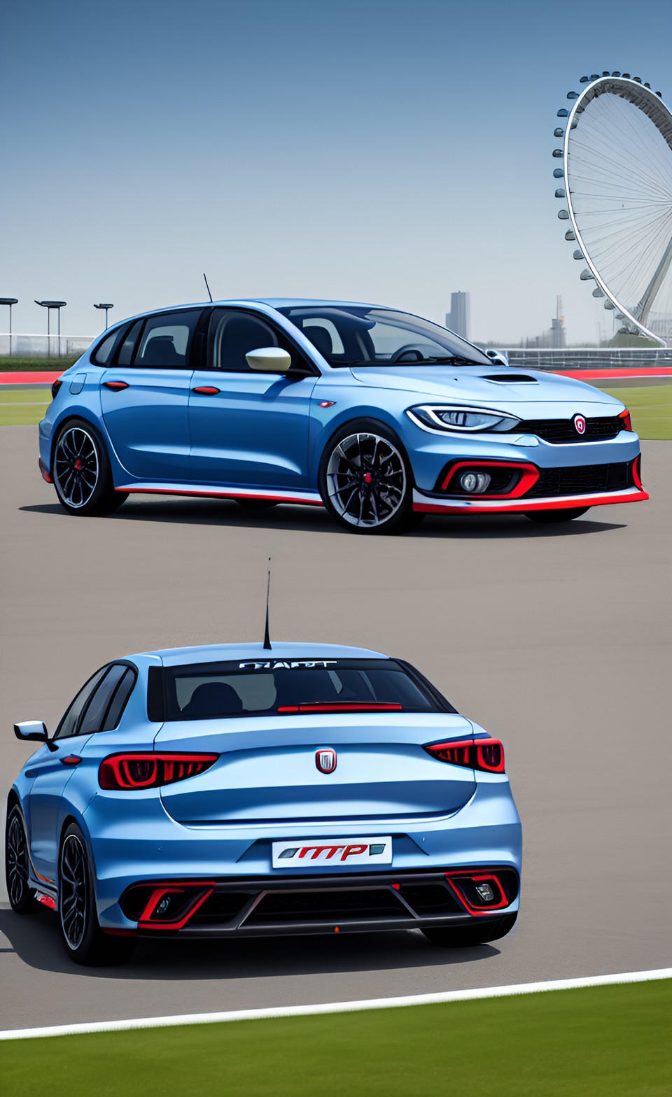 fiat lmp tipo sedan coupe gt3 sport car concept parking in front of the track sightseeing tower preview