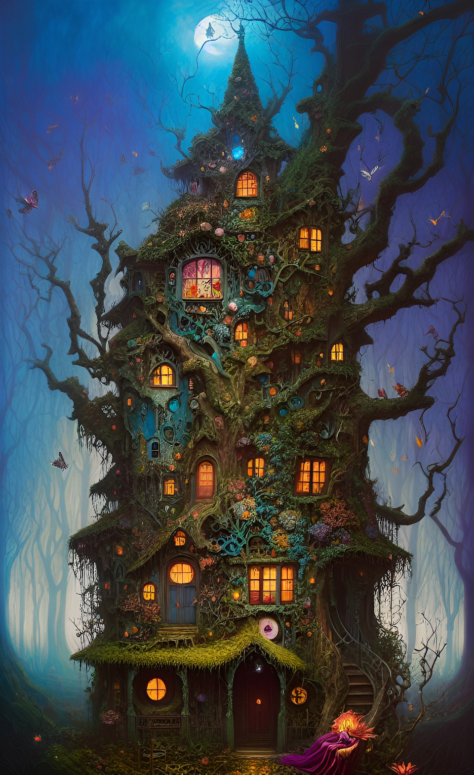 an evil fairy witch tree house hidden in a forest, forbodding, dark colours, dark fantasy, haunting, dark magic, spectral preview