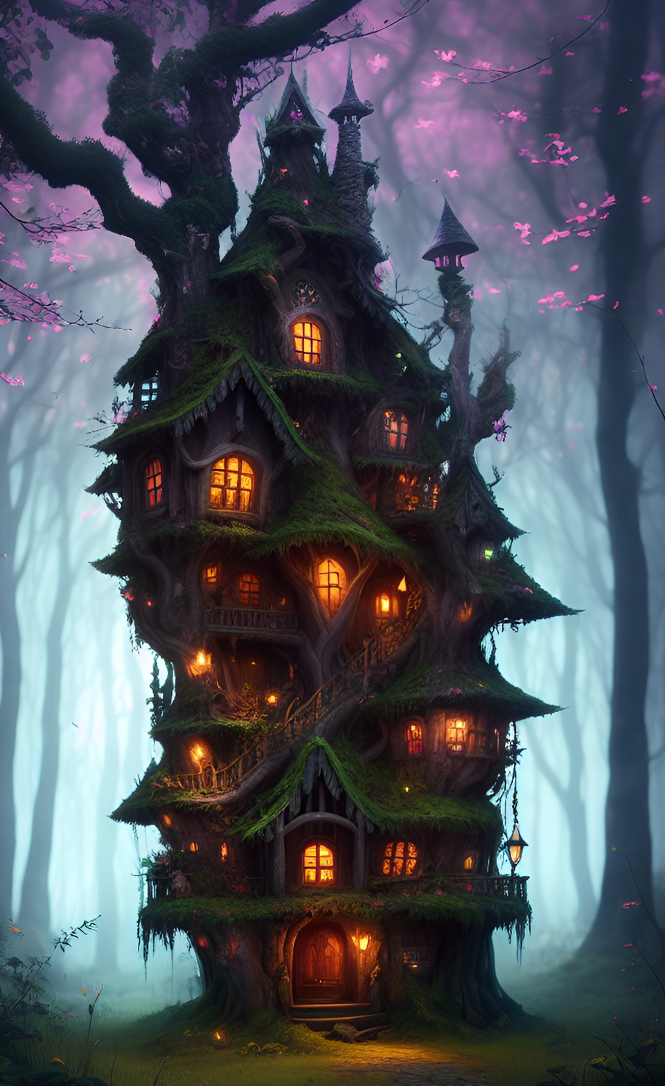 an evil fairy witch tree house hidden in a forest, forbodding, dark colours, dark fantasy, haunting, dark magic, spectral preview