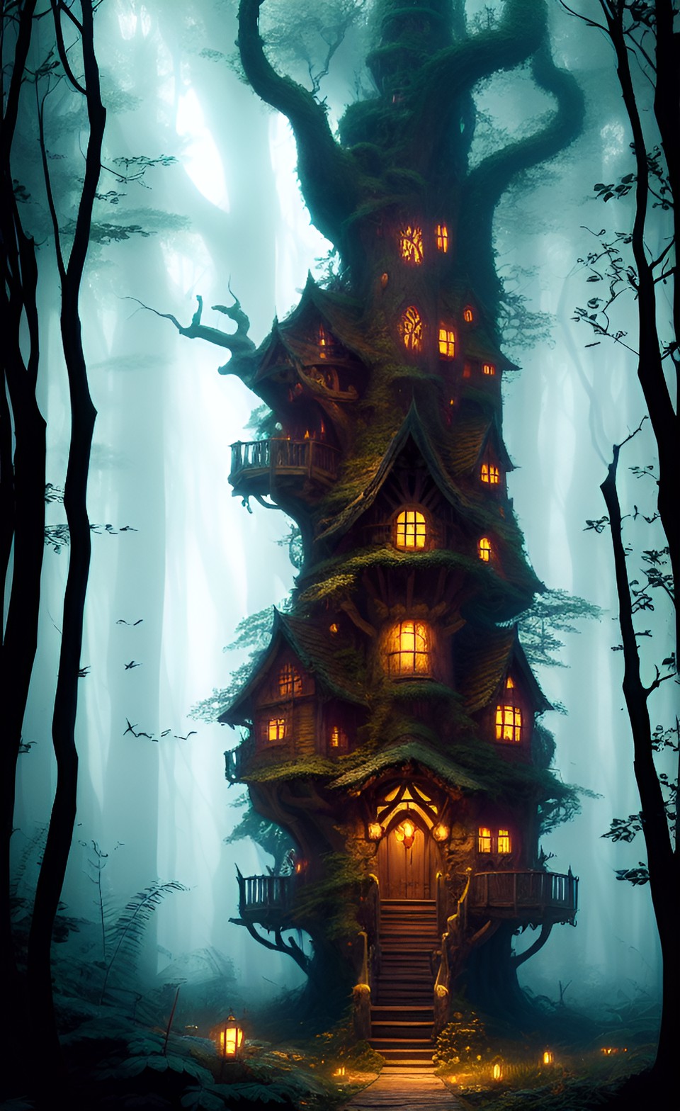 an evil fairy witch tree house hidden in a forest, forbodding, dark colours, dark fantasy, haunting, dark magic, spectral preview