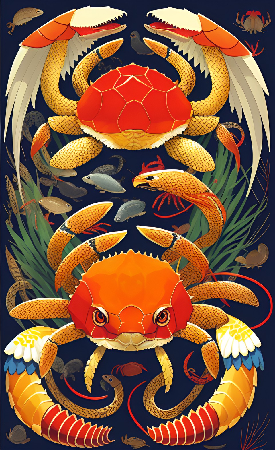 a crab with snakes for claws. there is an otter with wings eating a chicken.a clam with a lobster. 

a clam with a lobster. preview