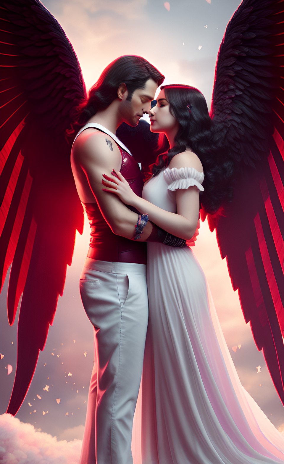 **angels singing, love in the air, lucifer watching from below next to lilith 8k detailed realistic 8k kissing make love preview