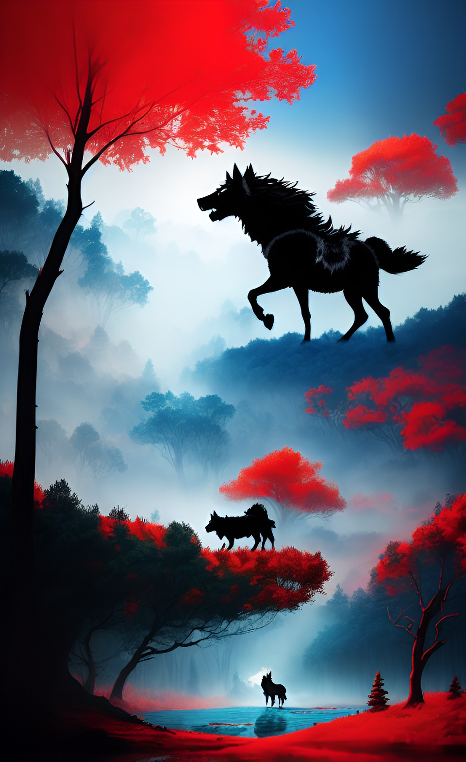 a disgusting blasphemous abomination of a two-headed donkey  violently  transforming into a black and white shaggy angry hungry wolf werewolf in a forest with red trees and cobalt blue rivers preview