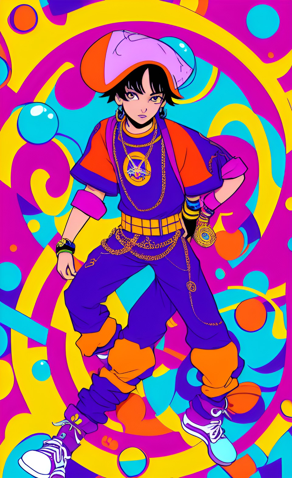 balance, cartoonesque illustration depicts narancia ghirga in edgy y2k 90s/00s concept, groovy trippy funky background, musical mood, retro-futuristic art, vectorized illustration⭐💫✨💜🧡 preview